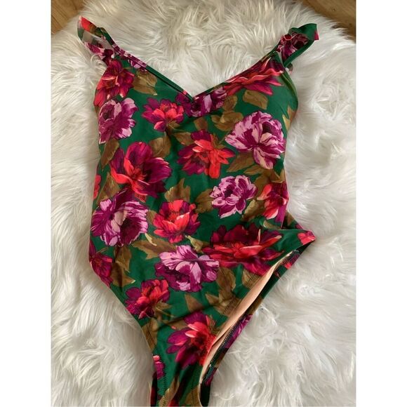 J Crew Emerald Green Bold Floral Ruffled Shoulder Swimsuit Size S - Picture 4 of 8